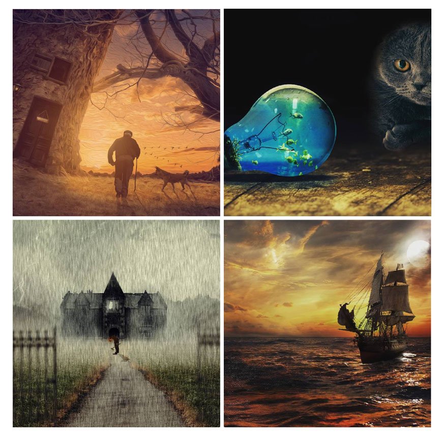 Collage of surreal scenes: a man walking into the sunset, a glowing lightbulb with fish, a haunted mansion in the rain, and an old ship at sea