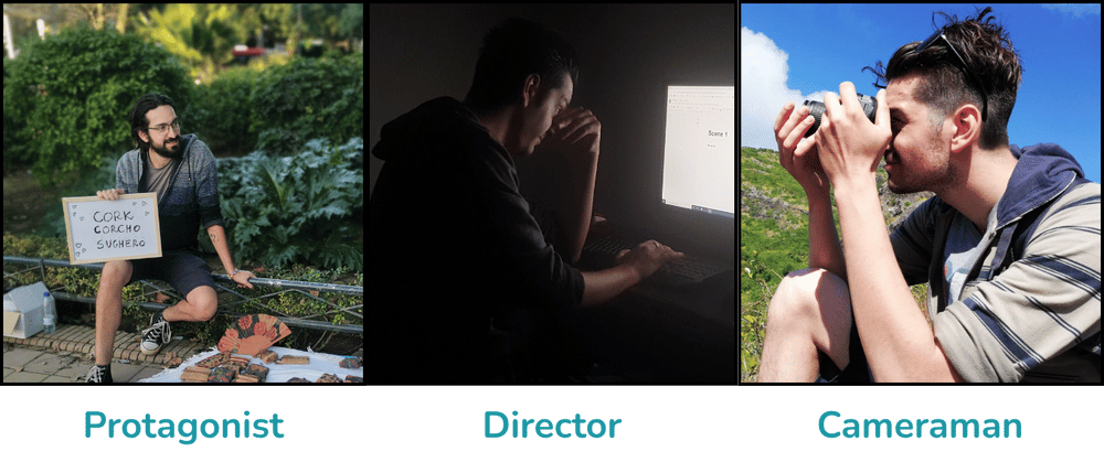A triptych showing the three roles in making my first YouTube video: the Protagonist holding a sign, the Director editing, and the Cameraman filming.