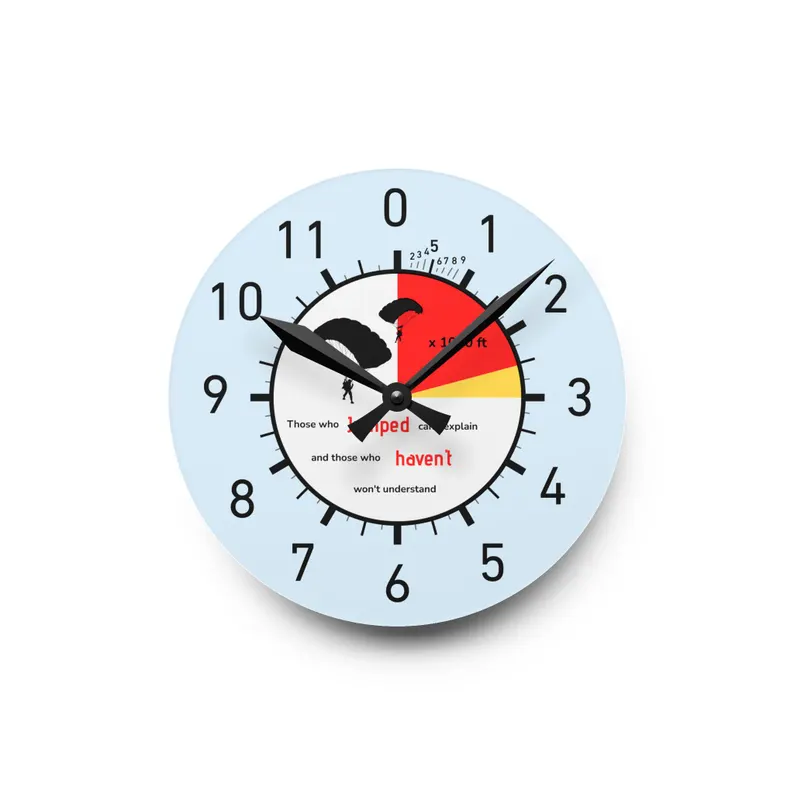 Altimeter wall clock designed for skydivers, showing the hours of the day instead of altitude, making it a unique and symbolic skydiving gift.