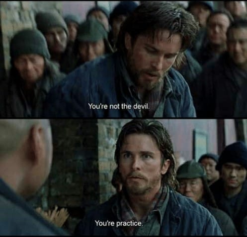 Beyond Toxic Masculinity concept image showing a movie scene where a man says “You’re not the devil, you’re practice,” symbolizing resilience and learning through adversity.